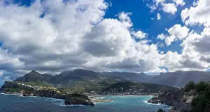 Rocky Coast Prints: Expansive Seascape of Port de Soller with Serra de Tramuntana in the Background, Mallorca