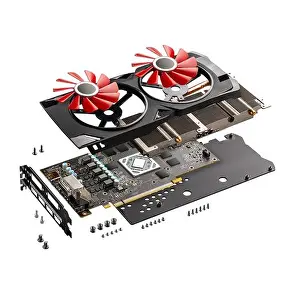 Video Prints: Explode view of new modern gaming graphics card on white background