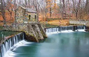 Exposure Prints: Exterior daytime long exposure stock photo of stone structure on dam and waterfall on Speedwell Lake in Morristown