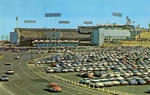 Ephemera Prints: Exterior postcard view of Dodger Stadium with fans in attendance for a day game circa 1962