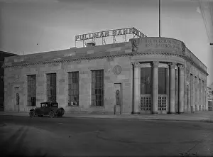 Trust Prints: Exterior view showing sign on top at Pullman Trust and Savings Bank