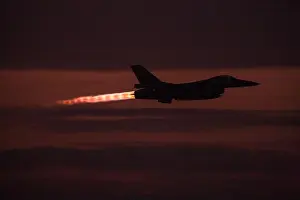 Take Off Prints: F-16 with afterburner during sunset take-off