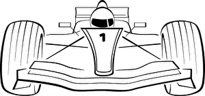 Accelerate Prints: F1 racing car. Black and white vector illustration for coloring book