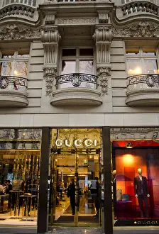 Wealthy Prints: Facade of a Italian fashion Gucci store, shop, in Paris France