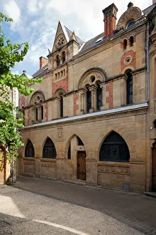 Neogothic Prints: Facade of a neogothic house dating from 1882 in Belves, Dordogne, France