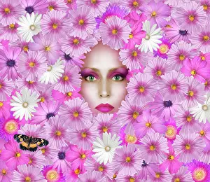 Lipstick Prints: Face of a beautiful woman surrounded by pink and white flowers