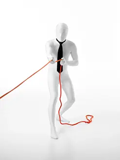 White Work Prints: faceless businessman with black tie pulls an orange rope