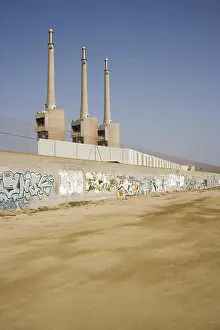 Vandalism Prints: Factory building, chimneys, wall, graffiti, Sant Adria de Besos, Barcelona, Spain