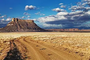 Panorama Peak Prints: Factory Butte, isolated flat-topped sandstone mountain in Utah desert, USA