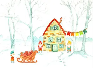 Pants Prints: fairy forest with gnomes and the house. Watercolor Christmas illustration