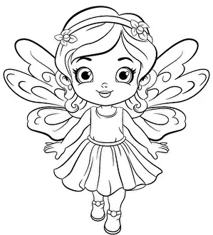 Colouring Page Prints: Fairy Girl in Beautiful Dress Outline for Colouring illustration