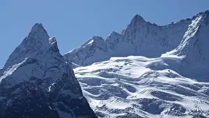 Tops Prints: Fairytale mountain landscape, covered by ice and snow alpine sharp peaks