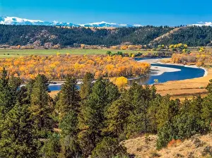 Watershed Prints: fall colors along the yellowstone river and distant beartooth mountains near columbus