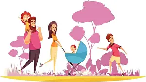Skateboard Prints: Family active holidays parents with kids during summer stroll on background of trees silhouettes cartoon vector