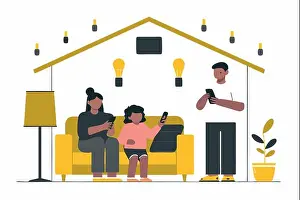 Connected Prints: A family embraces modern connected living in their bright minimalist home on their smartphones with yellow accents