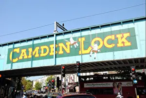 Train Bridge Prints: Famous Camden Lock sign in Camden Town, London