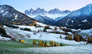 Famous Santa Magdalena mountain village with Church Chiesa di Santa Maddalena in the autumn Dolomites