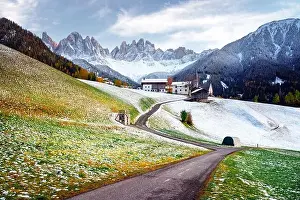 Famous Santa Magdalena mountain village with Church Chiesa di Santa Maddalena in the autumn Dolomites
