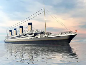 Big Blue Prints: famous Titanic ship floating on the water by sunset