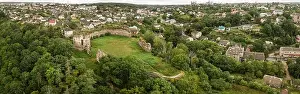 Grass Hill Prints: Famous ukranian sights - panoramic view from drone to castle ruins and city Buchach