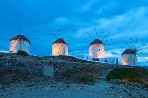 Cyclades Prints: The famous Windmills of Mykonos island in Greece by night