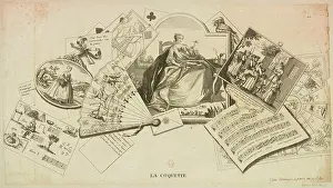 Fan illustration presents a lively allegorical composition with Harlequin figure games music food