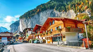 Holiday House Prints: Fantastic autumn view of traditional swiss houses in Lauterbrunnen village