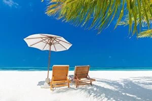 Images Dated 16th January 2017: Fantastic beach, tropical landscape, white sand, blue sky, sun beds lounge and relax concept