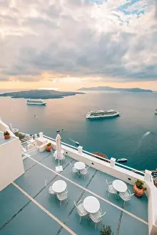 Fantastic evening view of Santorini island. Picturesque spring sunset on famous view resort Fira, Greece, Europe. Traveling concept background. Sunset