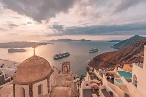 Fantastic evening view of Santorini island. Picturesque spring sunset on famous view resort Fira, Greece, Europe. Traveling concept background. Sunset