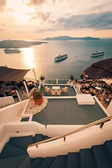 Fantastic evening view of Santorini island. Picturesque spring sunset on famous view resort Fira, Greece, Europe. Traveling concept background. Sunset