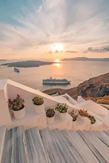 Fantastic evening view of Santorini island. Picturesque spring sunset on famous view resort Fira, Greece, Europe. Traveling concept background. Sunset