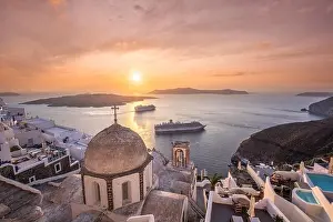 Fantastic evening view of Santorini island. Picturesque spring sunset on famous view resort Fira, Greece, Europe. Traveling concept background. Sunset