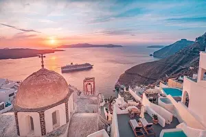 Fantastic evening view of Santorini island. Picturesque spring sunset on famous view resort Fira, Greece, Europe. Traveling concept background. Sunset