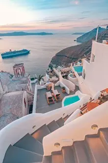 Fantastic evening view of Santorini island. Picturesque spring sunset on famous view resort Fira, Greece, Europe. Traveling concept background. Sunset