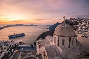 Fantastic evening view of Santorini island. Picturesque spring sunset on famous view resort Fira, Greece, Europe. Traveling concept background. Sunset