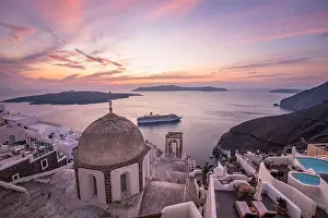 Fantastic evening view of Santorini island. Picturesque spring sunset on famous view resort Fira, Greece, Europe. Traveling concept background. Sunset