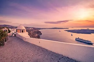 Fantastic evening view of Santorini island. Picturesque spring sunset on famous view resort Fira, Greece, Europe. Traveling concept background. Sunset