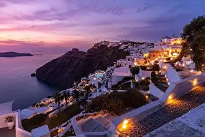 Fantastic evening view of Santorini island. Picturesque spring sunset on famous view resort Fira, Greece, Europe. Traveling concept background. Sunset