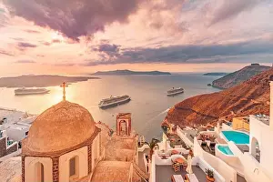 Fantastic evening view of Santorini island. Picturesque spring sunset on famous view resort Fira, Greece, Europe. Traveling concept background. Sunset
