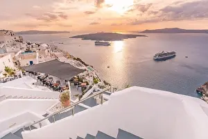 Fantastic evening view of Santorini island. Picturesque spring sunset on famous view resort Fira, Greece, Europe. Traveling concept background. Sunset