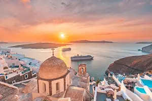 Fantastic evening view of Santorini island. Picturesque spring sunset on famous view resort Fira, Greece, Europe. Traveling concept background. Sunset