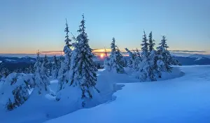 Fantastic orange evening landscape glowing by sunlight. Dramatic wintry scene with snowy trees. Kukul ridge, Carpathians, Ukrain