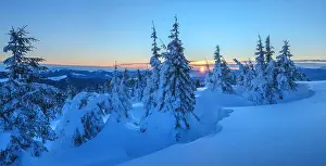 Fantastic orange evening landscape glowing by sunlight. Dramatic wintry scene with snowy trees. Kukul ridge, Carpathians, Ukrain