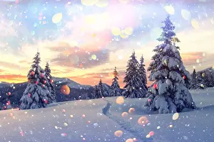 Fantastic orange winter landscape in snowy mountains glowing by sunlight. Dramatic wintry scene with snowy trees