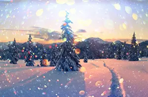 Fantastic orange winter landscape in snowy mountains glowing by sunlight. Dramatic wintry scene with snowy trees