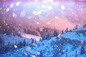 Fantastic orange winter landscape in snowy mountains glowing by sunlight. Dramatic wintry scene with snowy trees