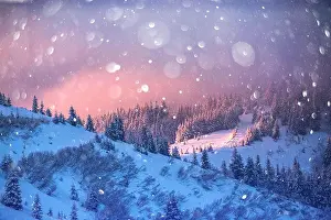 Fantastic orange winter landscape in snowy mountains glowing by sunlight. Dramatic wintry scene with snowy trees