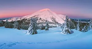 Fantastic orange winter landscape in snowy mountains glowing by sunlight. Dramatic wintry scene with snowy trees. Christmas holiday background