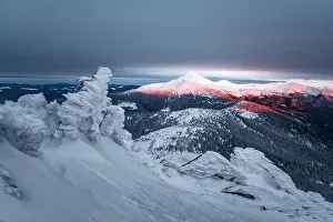 Fantastic orange winter landscape in snowy mountains glowing by sunlight. Dramatic wintry scene with snowy trees. Christmas holiday background